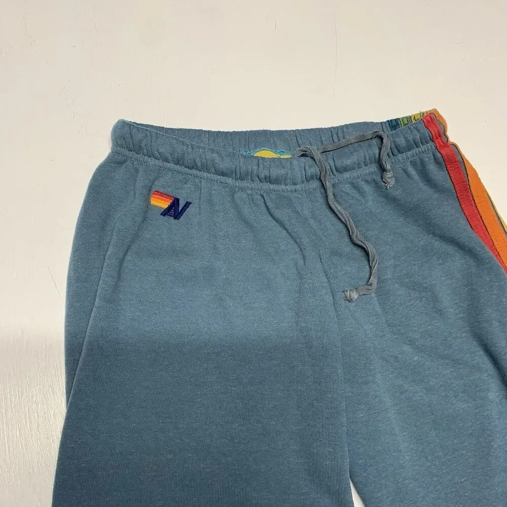 Aviator Nation 5 Striped Sweatpants Women Size L Blue Wash Casual USA Ultra Soft